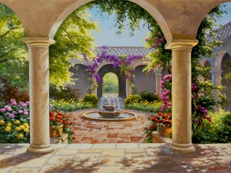 Wisteria garden - fountain, beautiful, wisteria, painting, garden, arch, paradise, art, Sung Kim