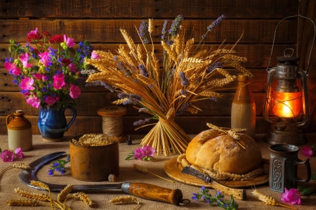 Still life - summer, pretty, flowers, bouquet, vase, still life, wheat, lantern, light, bread