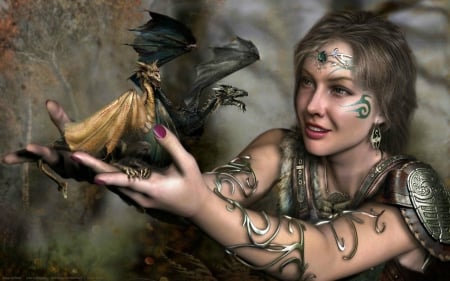 Woman With Baby Dragons - woman, baby, fantasy, dragons