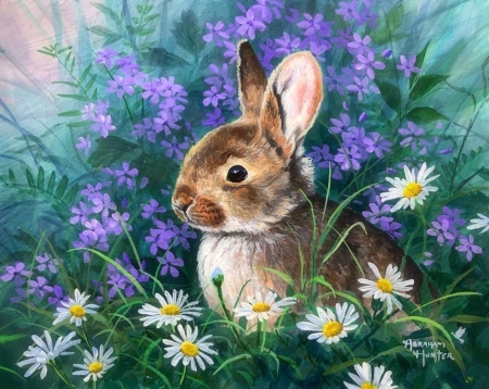 Small Bunny - rabbit, paintings, spring, bunny, flowers, nature, garden, love four seasons, animals