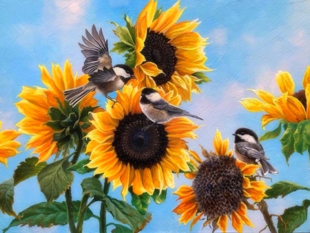 Dinnertime in Summer - sunflowers, chickadees, animals, summer, paintings, garden, birds