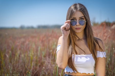 Gabriele Bevilacqua - woman, lady, long hair, sunglasses, field, model, face, gabriele bevilacqua, portrait, babe