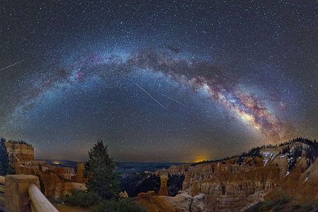 Meteors, Planes, and a Galaxy over Bryce Canyon - fun, cool, galaxy, bryce canyon, space, meteors, planes