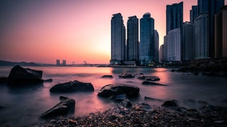 Busan sunset - fun, sunset, nature, skyscrapers, Busan, ocean, cool