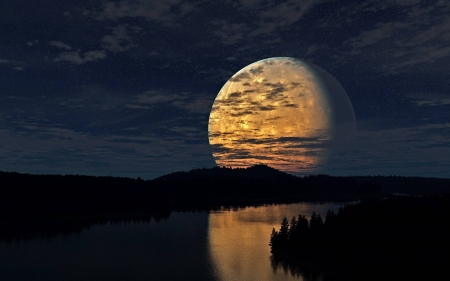 huge moon - space, moon, fun, lake, cool