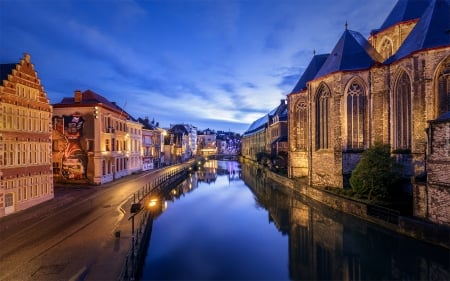 Ghent, Belgium - Ghent, Belgium, evening, canal, houses, church