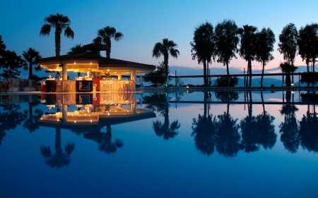 Resort and Pool - nature, trees, reflection, resort, palm, pool