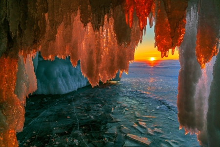 Sunset - cave, ice, winter, sunset, water, blue, sea, orange