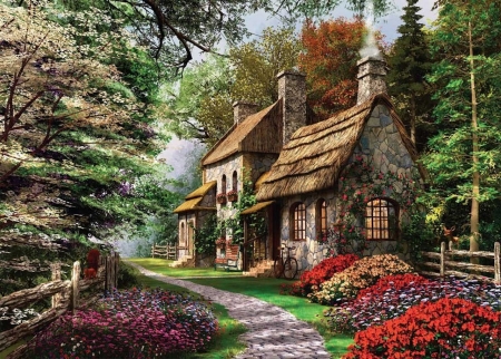 Rosebury Lane - roses, lane, painting, cottages, flowers, thatch
