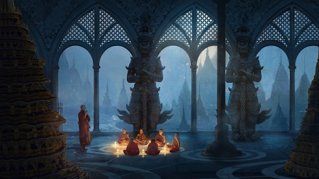 21 Ronin - joseph diaz, fire, fantasy, monk, art, luminos, blue, temple, 21 ronin