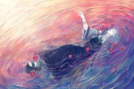 Ophelia - pink, water, anime, jakku, girl, blue, manga