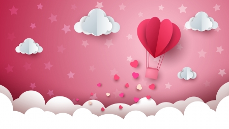 Happy Valentine's Day! - sky, heart, valentine, white, cloud, pink, card, paper, texture, hot air balloon