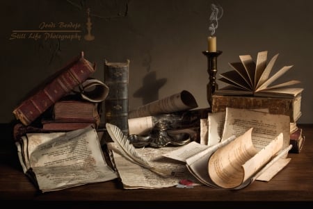 Pirates Study - Pirates Study, literature, candle, books, candle stick, still life, vintage, old, notes