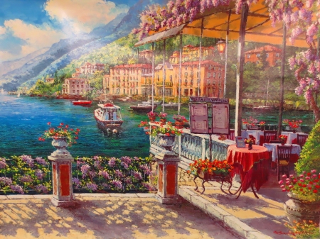 Terazza Bellagio - summer, town, coast, beautiful, cafe, terrace, flowers, boats, view, painting, Italy, picturesque, art