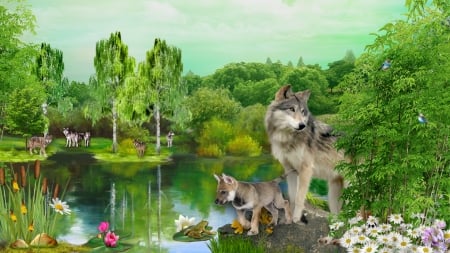 Wonderland Wolves - trees, forest, family, wolves, flowers, Firefox Persona theme, pups, lobo, lake, wild, frog, loup