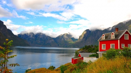 Lakeside House - clouds, house, trees, nature, lake, mountains