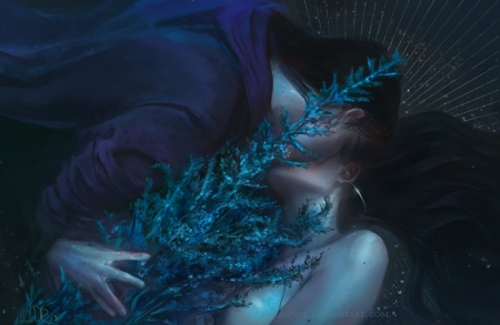 Kiss - couple, girl, water, anndr, fantasy, art, kiss, mermaid, man, blue, luminos