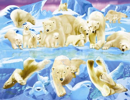 Polar bears - winter, water, blue, polar bear, art, michael searle