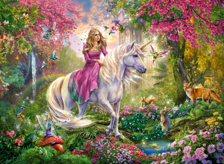 â™¥ - princess, girl, fantasy, fox, forest, luminos, pink, animal, unicorn