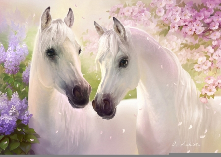 Horses - couple, frumusete, fantasy, spring, white, horse, luminos, pink, flower