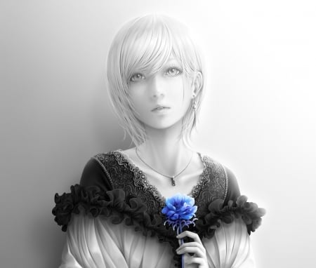 Blue rose - anime, realistic, blue, girl, bouno satoshi, flower, black, manga, white, bw, luminos