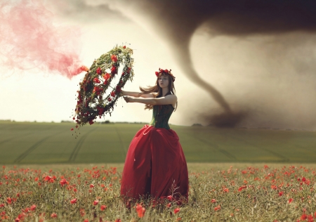 :D - woman, tornado, girl, field, model, poopy, umbrella, situation, red, flower