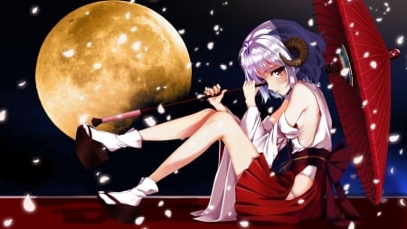 Moonlight - moon, anime, girl, tagme, horns, manga, umbrella, red, luna