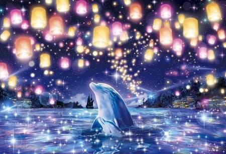 Summer nights of hope - summer, blue, dolphin, sea, pink, lantern, fantasy, lights, luminos