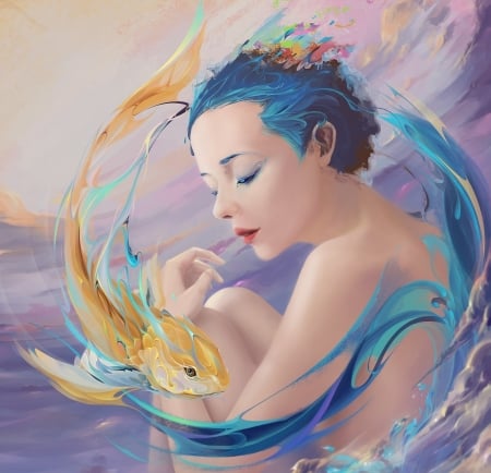 Mermaid - water, yellow, summer, ping chen, blue, ara, girl, frumusete, fantasy, siren, mermaid, pesti, fish, luminos