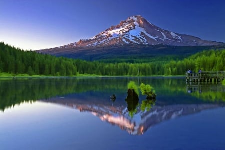 Reflecting Mount Hood - nature, hood, snowy, lake, forest, mountains, reflection