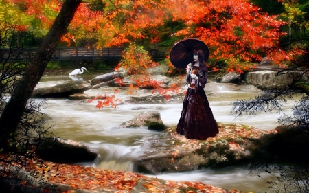 Autumn - bird, water, girl, orange, river, heron, umbrella, autumn, pasare, leaf, asian