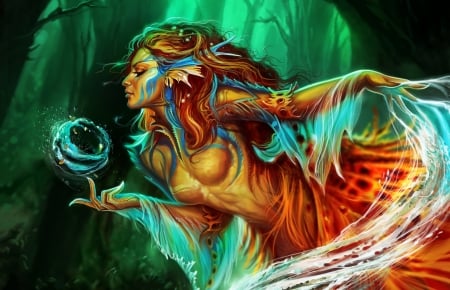 Loreley - creature, cristiana grati, fantasy, orange, luminos, girl, green