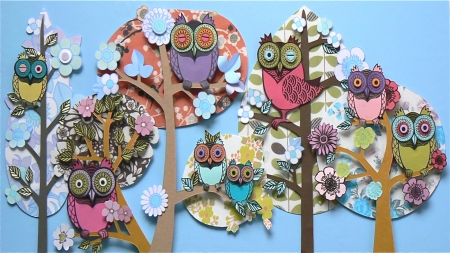 Owls - oowl, blue, paper, texture, pink, creative