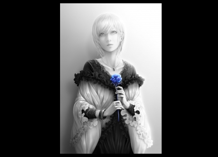 Blue rose - anime, realistic, blue, girl, bouno satoshi, flower, black, manga, white, rose, bw