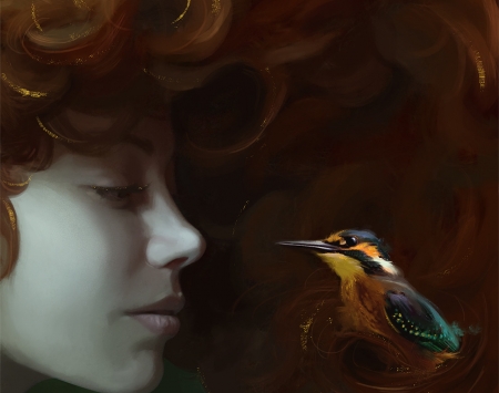 Golden bird - redhead, girl, fantasy, pasare, bird, face, art, luminos, onur yurek, golden