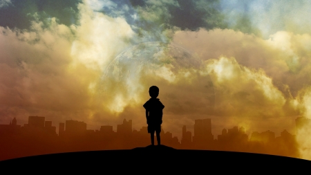 The future - silhouette, child, copil, creative, black, fantasy, yellow, cloud, city