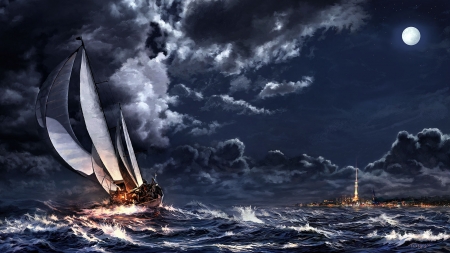 Storm - storm, moon, summer, ship, sea, night, pictura, fantasy, painting, cloud, wave, vara, luna