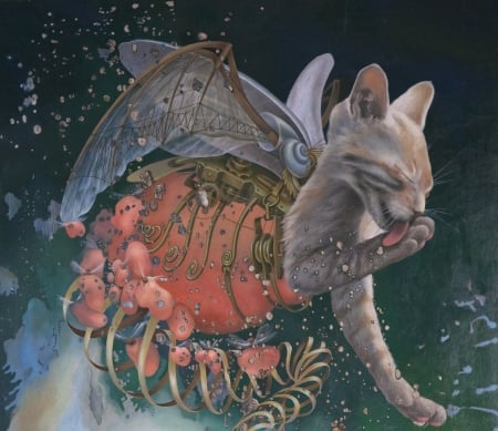 Sea cat - pisica, heidi taillefer, pictura, cat, surreal, sea, painting, art