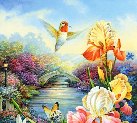 Golden irises - water, yellow, colibri, golden iris, flower, painting, pasare, hummingbird, art