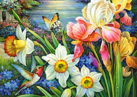 Flowers - painting, butterfly, spring, daffodils, flower, art