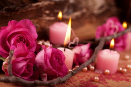 Pink Roses - decoration, roses, candles, candlelight