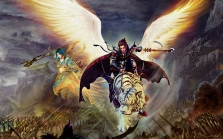 Tiger Warriors - flying, wings, art, weapons