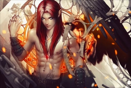 Unchained - feather, fantasy, wing, elf, luminos, redhead, man, angel