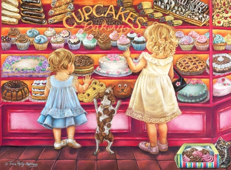 One for you, one for me - tricia reilly matthews, copil, funny, shop, caine, painting, cake, art, children, pink, dog, pictura, sweet, little girl