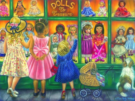 Dools to treasure - little girl, blue, tricia reilly matthews, children, pink, copil, doll, pictura, painting, shop