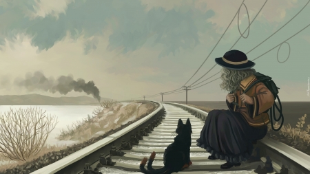 Waiting - pisica, black, trail, hat, cat, woman, art