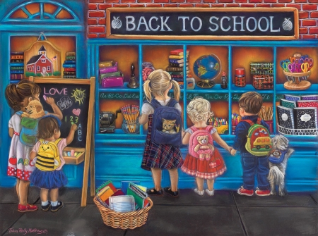 School time - blue, school, tricia reilly matthews, children, copil, pictura, painting, cute, art, shop