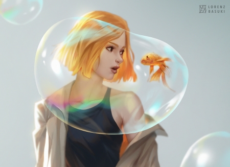 Gold fish - bubble, fantasy, lorenz basuki, girl, gold, fish, art, luminos