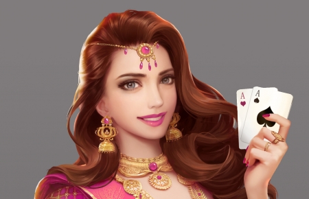 :) - dealer, girl, pink, frumusete, hand, yakun wang, face, card, luminos