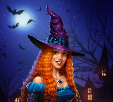 Witch - purple, halloween, girl, blue, witch, hat, bat, moon, vera velichko